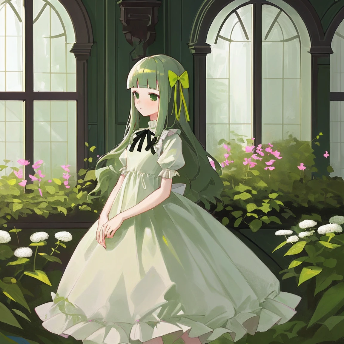 (masterpiece, Highest quality),One girl,(skinny:1.2),Outdoor,garden, window, Long Hair, Blunt bangs, Green and White dress,Hair Ribbon,Frill dress
