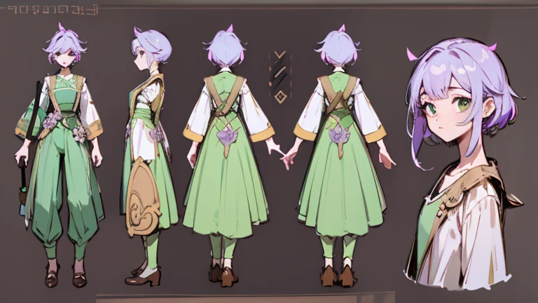 (Masterpiece, best quality), detailed, 1 gardener woman, ((character concept art)), ((character design sheet, reference sheet, same character, front, side, back)), full body, body complete, 1 gardener female, 1 gardener women. Character design sheet full body, Highly detailed, character sheet, character design, Many parts, pale skin, green eyes, short purple hair, male hairstyle, short male hair, lavender flower, lavender flower reference, lavender flower character reference, lavender flower inspired, flat chest, pants, Ecofashion, Ecopunk, Ecology, Earthy clothing, gardening clothing, gardening, garden, Solarpunk, Solarpunk reference, Solarpunk inspired, simple outfit, simple clothes, pants, gold details, pastel purple, green and brown color palette for the clothes.