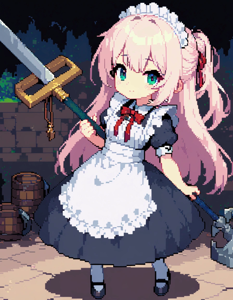 masterpiece, Highest quality, 8K, Pixel Art, Maid, Full body portrait, tall, ヴィクトリアMaid, Maid服, War Hammer, War Hammerを構えている, Body is held at an angle, Dungeons, dim