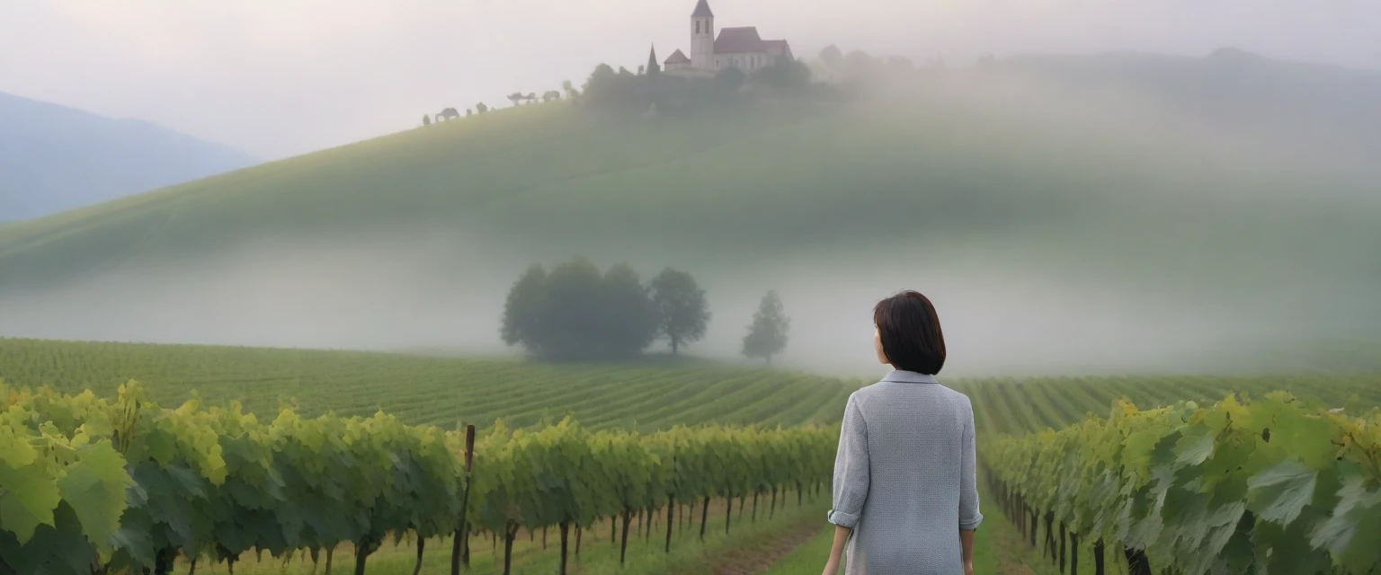 Woman in a beautiful landscape 8K highest quality, Beautiful 36-year-old Korean woman, Chest size 34 inches, Passing through the vineyards in the Swiss countryside, the cathedral is visible through the early morning fog., The back background is realistic and vivid image quality, short medium hair, Casual and British - (summer jacket) ,Perfect and realistic photos, The background is realistic. Full body shot with Canon camera 16-35 wide angle lens, expressionless, Walking up a vineyard hill covered in thick fog., Walking towards the front camera