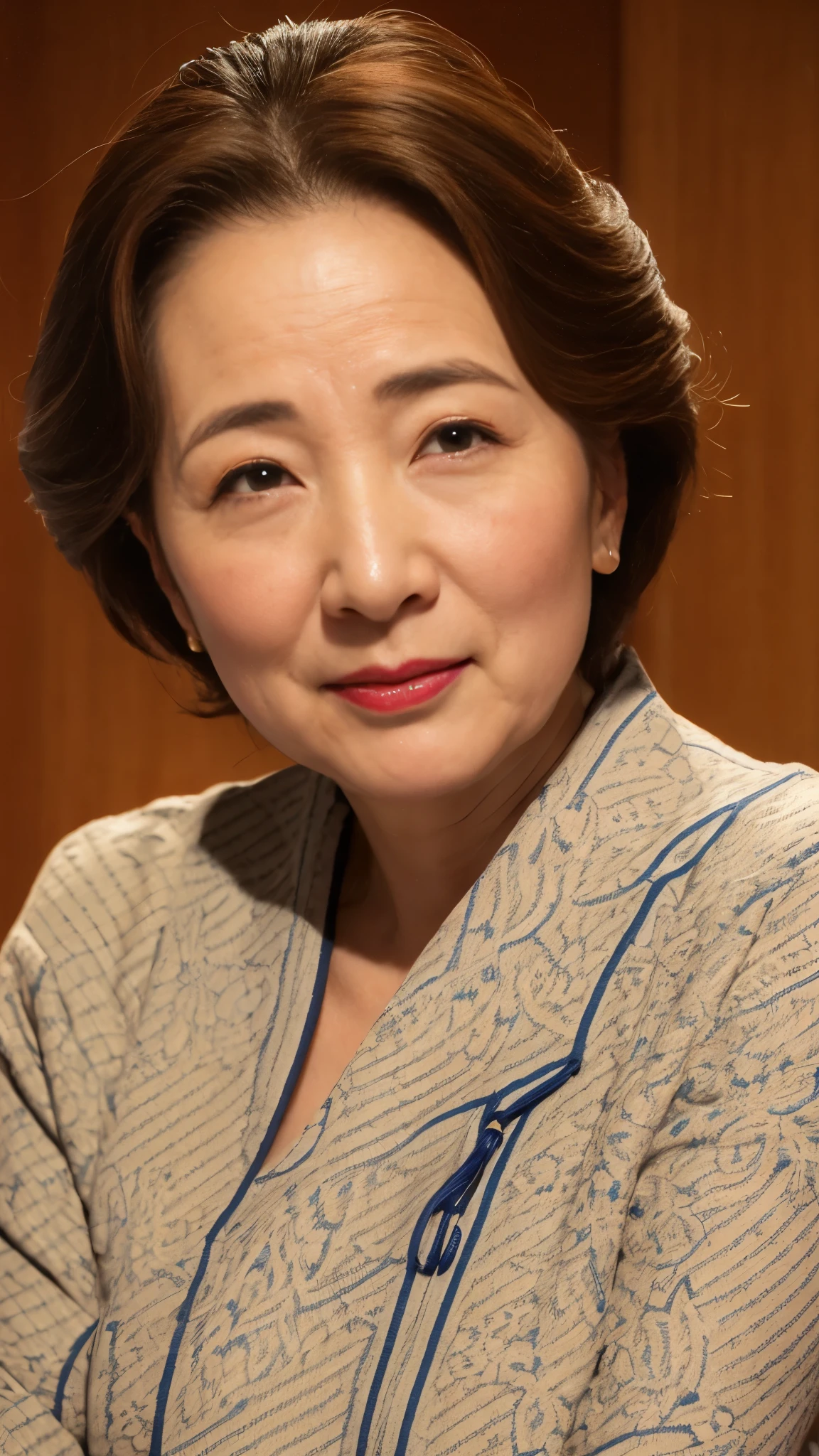 Kawase Hasui, Face close-up, Japanese painting, senior citizen, Draw lips correctly, Red lipstick, No discomfort, 16K, Highest quality, Very detailed, Realistic, Very detailed肌, (Japanese), (alone), 100 years old, Large Breasts, Mature female politician, Glamour, sexy, Chromo White Skin, Staring straight ahead,