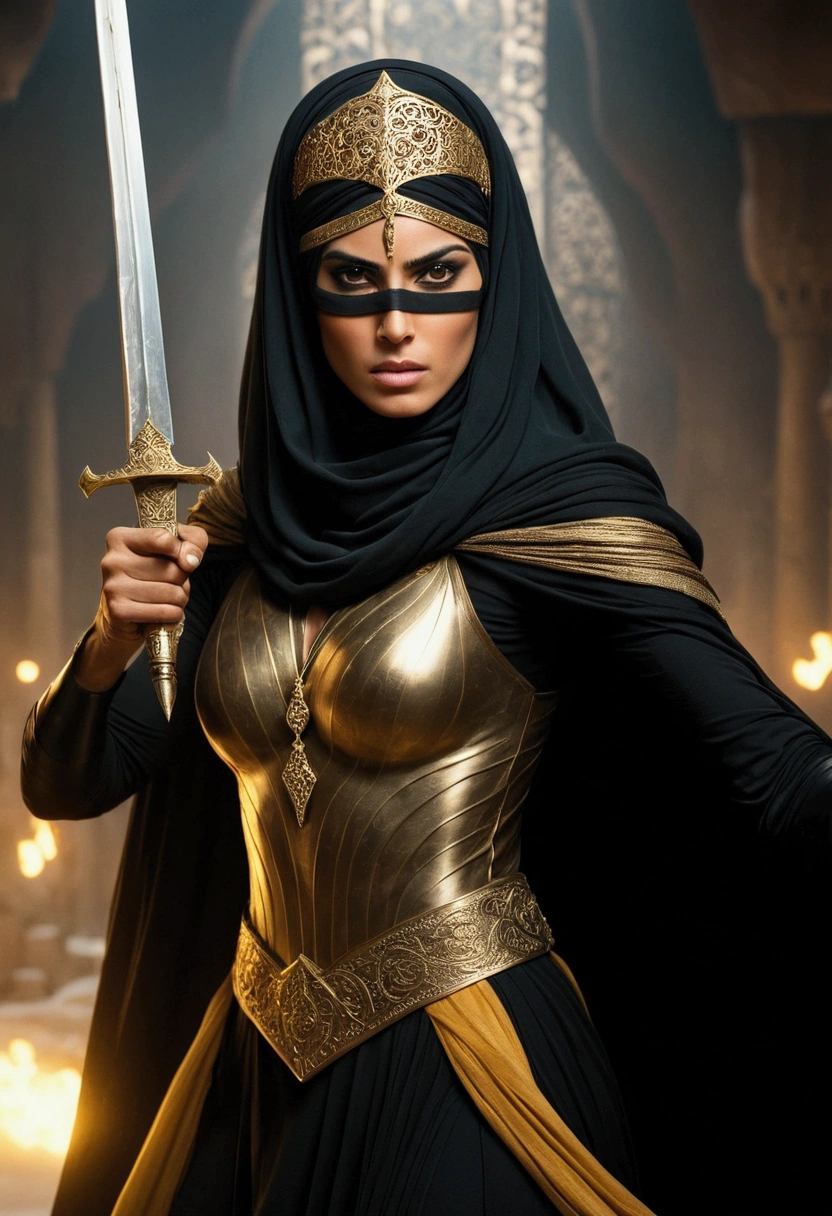 Princess of Persia, tall and perfect posture (perfect anatomy 1.8) as warrior princes in the middle of war, wearing face veil and golden_black cloak, iconic battle stance with a dagger in hand, pointing and stabbing to viewer, cinematic motion, dramatic motion, blurry light trails behind her, extremely detailed, super quality, 16 k, hyperspeed motion.