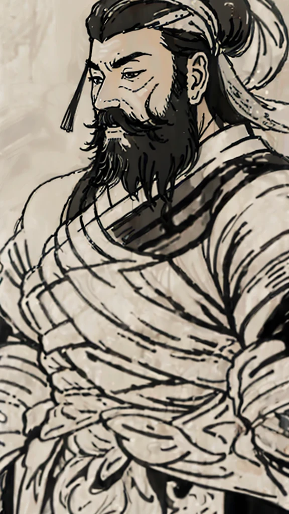 Monochrome,Oriental、Men in ancient Chinese costumes、(ancient chinese hairstyle male)、As seen in the Romance of the Three Kingdoms々military commander、Highest quality、masterpiece、Ultra-high resolution、(Realistic:1.4)、Game Poster、Crisp and beautiful image quality、Long beard、Embroidered cloth wrapped around a topknot、whole body ,((Skin of color, ),(long heavy black beard):1.2), ( (Very detailed, bloom:1.5), (Highest quality, Concept Art, 4K), (analog:1.2), (high sharpness), (Detailed pupil:1.1), (Painting:1.1), (digital Painting:1.1), Detailed face and eyes, masterpiece, Highest quality, (Very detailed写真:1.1), 8K, photoRealistic, (Black Hair, Dynamic Short Hair), (PurerosFace_v1:0.2), [:(Detailed face:1.2):0.2], sharp, Realistic, Realistic Shadow, 