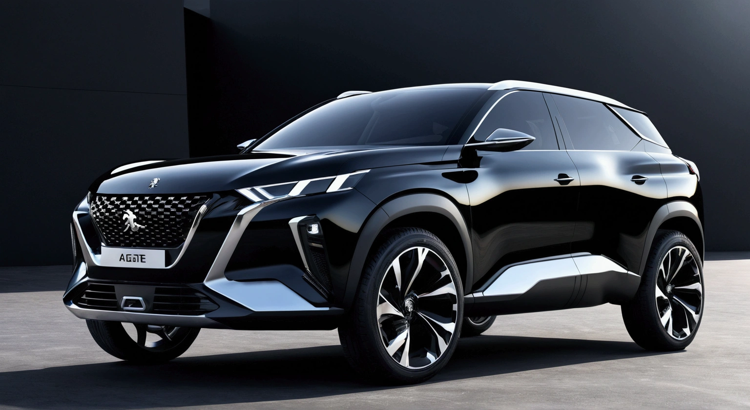 Close-up of a black SUV with shiny rims, concept, concept car, cinematic front Photo, futuristic product car shot, concept ar, Accent Lighting : : Peugeot Agate, Panorama, concept matte, gtr xu1, trailer, car concept, elegant render, Glass and Metal : : Peugeot Agate, front Photo, emphasize, concept photos