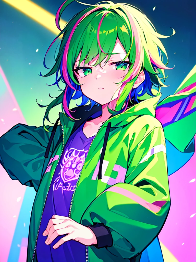 [(CITY POP BACKGROUND:1.5),::5], ((((masterpiece)))), high quality, ultra very high resolution, full color, (((solo))), ((little boy)), Purple hair, ((Green streaked hair)), (Green eyes), anime, ((upper body)), neon light, black parka, 