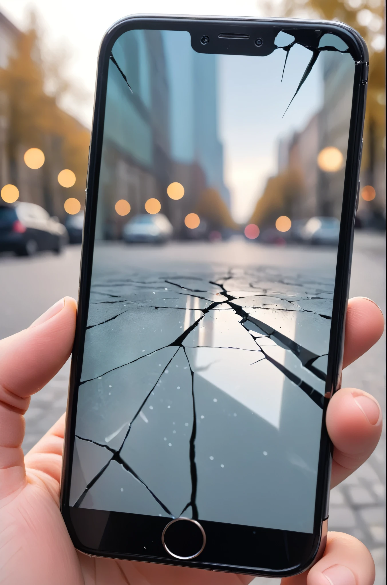 photo, cracked smartphone screen, no background, pov, bokeh