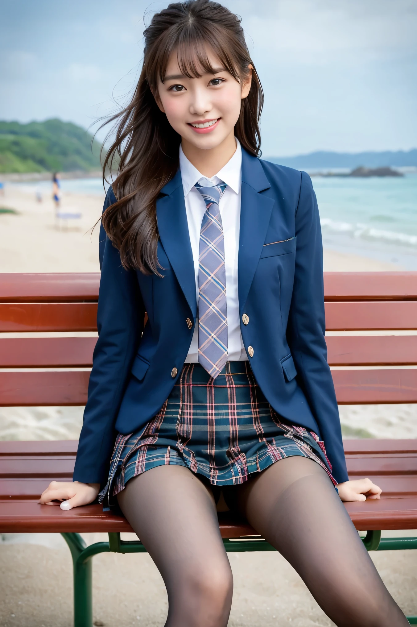 (8K), (highest quality: 1.2), (Realistic), (Realistic: 1.37), Ultra-high resolution, 1 girl, cute, (Embarrassed smile:1.2), (Blushing:1.4),Mouth closed, Beautiful details, Beautiful Nose, Wet Hair,bangs, giant dulcefo, pork, Thighs,Navel exposed,University Student Uniform,A simple blazer,Pleated skirt,(The skirt and tie are tartan check pattern.:1.3),Platform boots, (sitting on a beach side park bench:1.2),(Shiny Thighs:1.2), medium shot,Very thin panty hose