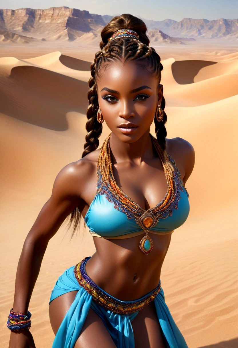 Beautiful young African woman with arms outstretched towards the sky, desert princess, Incredibly beautiful, Hall々And, tolerance, Muscular, Six Pack Abs, Hair braided in a flowing ponytail, Revealing and elegant clothing, Loose stole, Ornate Gemstones, looking at the camera, Sandy landscape, Fantasy, ether, dream-like, Dramatic lighting, Vibrant colors, Exquisite detail, (Highest quality, 4K, 8K, High resolution, masterpiece:1.2), Super detailed, (Realistic, photoRealistic, photoRealistic:1.37), Vibrant colors, High resolution, Studio Lighting, Physically Based Rendering, Concept Art,sandstone