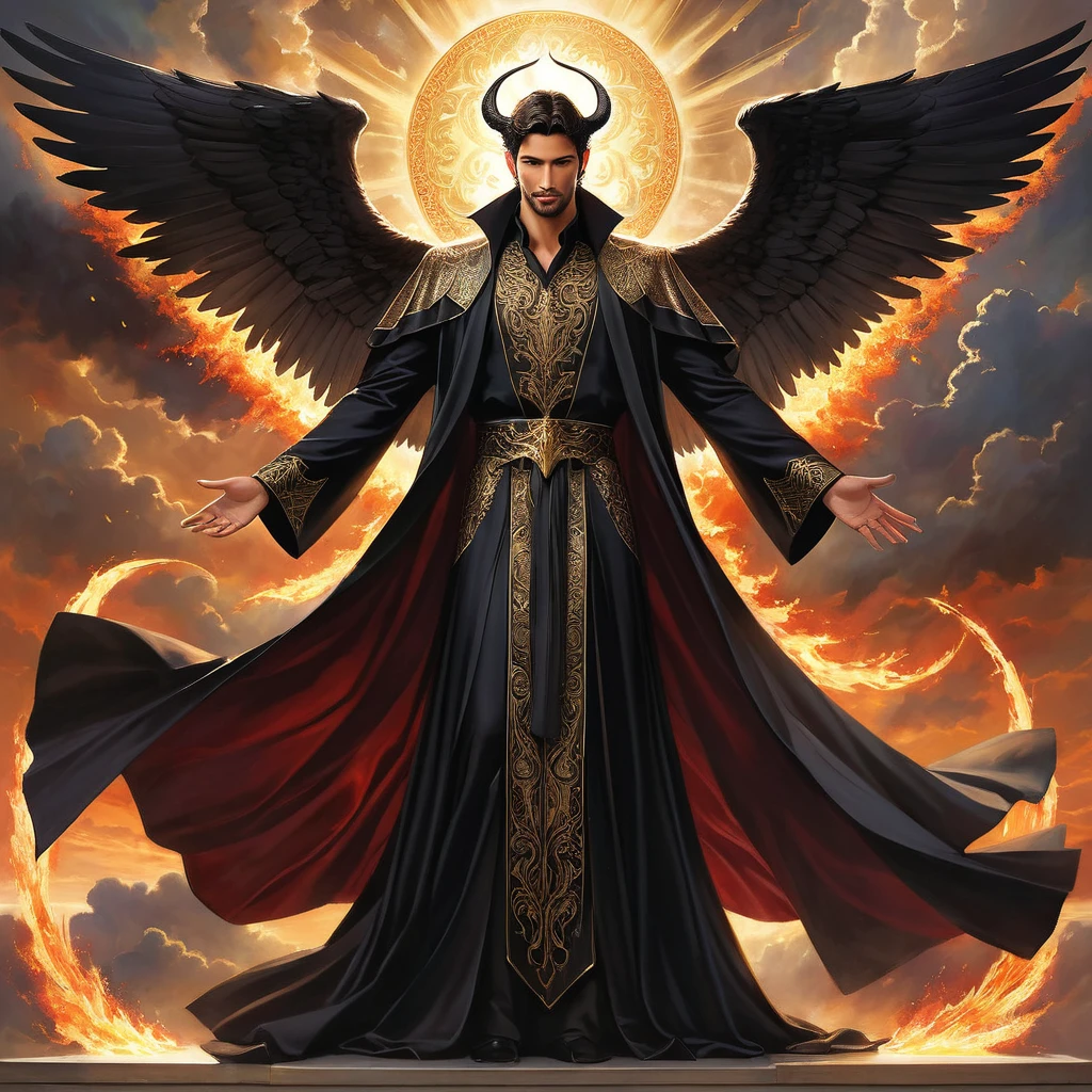 A majestic and powerful depiction of Lucifer, the fallen angel. He has striking, elegant black wings and a commanding presence. His eyes gleam with intelligence and defiance, reflecting his status as a former archangel who rebelled against the divine order. He is dressed in a sophisticated, darkly elegant robe adorned with subtle, mystical patterns. The background is a dramatic, celestial setting with a mix of dark clouds, piercing light rays, and hints of flames or embers. The overall mood is a balance between grandeur and menace, emphasizing both his fallen grace and his profound knowledge