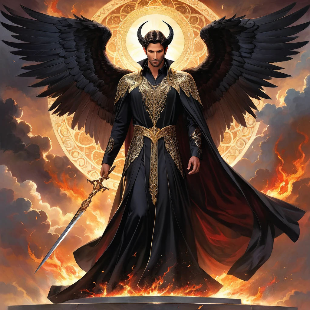 A majestic and powerful depiction of Lucifer, the fallen angel. He has striking, elegant black wings and a commanding presence. His eyes gleam with intelligence and defiance, reflecting his status as a former archangel who rebelled against the divine order. He is dressed in a sophisticated, darkly elegant robe adorned with subtle, mystical patterns. The background is a dramatic, celestial setting with a mix of dark clouds, piercing light rays, and hints of flames or embers. The overall mood is a balance between grandeur and menace, emphasizing both his fallen grace and his profound knowledge