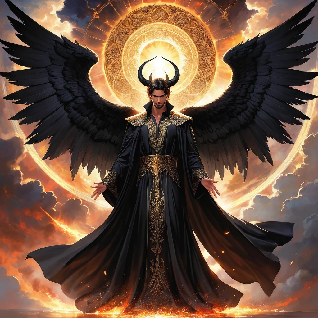 A majestic and powerful depiction of Lucifer, the fallen angel. He has striking, elegant black wings and a commanding presence. His eyes gleam with intelligence and defiance, reflecting his status as a former archangel who rebelled against the divine order. He is dressed in a sophisticated, darkly elegant robe adorned with subtle, mystical patterns. The background is a dramatic, celestial setting with a mix of dark clouds, piercing light rays, and hints of flames or embers. The overall mood is a balance between grandeur and menace, emphasizing both his fallen grace and his profound knowledge