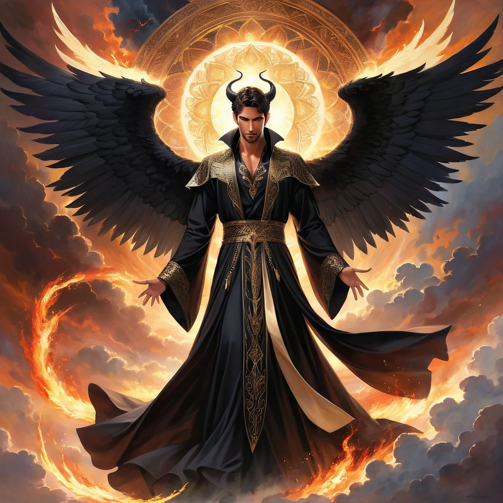 A majestic and powerful depiction of Lucifer, the fallen angel. He has striking, elegant black wings and a commanding presence. His eyes gleam with intelligence and defiance, reflecting his status as a former archangel who rebelled against the divine order. He is dressed in a sophisticated, darkly elegant robe adorned with subtle, mystical patterns. The background is a dramatic, celestial setting with a mix of dark clouds, piercing light rays, and hints of flames or embers. The overall mood is a balance between grandeur and menace, emphasizing both his fallen grace and his profound knowledge