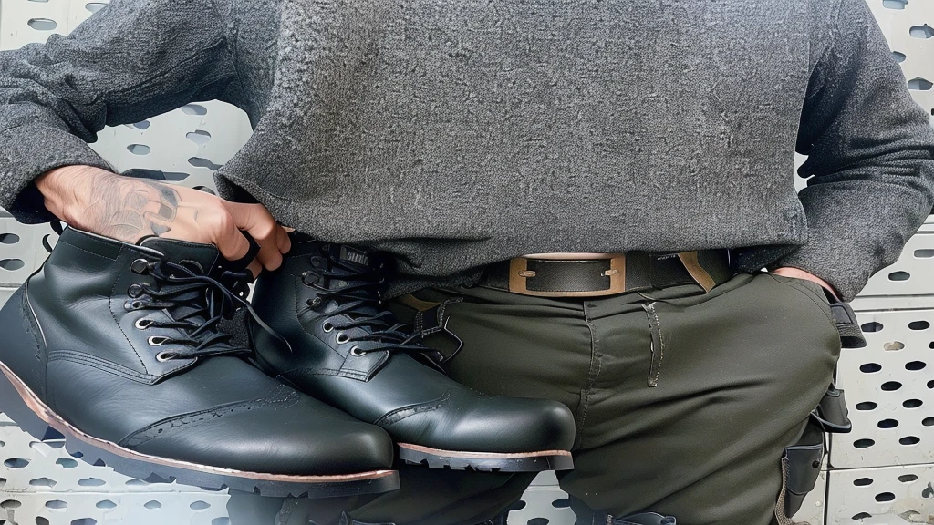 arafed man holding a pair of black boots in his hands, rugged details, wearing military shoes, wearing boots, wearing black boots, wearing tall combat boots, jeans and boots, rugged black clothes, jeans and black boots, detailed style, military boots, combat boots, leather clothing and boots, heavy-duty boots, heavy boots, holding arms on holsters