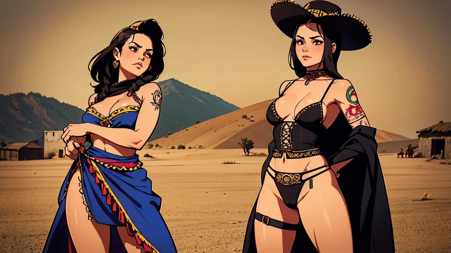 mexican senorita outlaw. vintage tattooed female bandito wearing skimpy sexy traditional dress. ammunition belts crisscrossed across naked chest. wearing sombrero and La Catrina dress. standing in old mexican clay village. outlaw woman with gun. La Carambada. vintage photo.