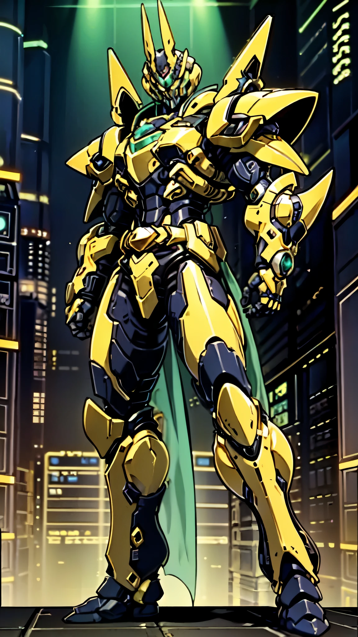 (masterpiece:1.5, best quality:1.5, extremely delicate:1.5, foreshortening:1.5, dynamic angle:1.5), a man wearing a full-face helmet, a fantasy-style biotech armored combat suit, green eyes, (a composite layered chest armor), fully enclosed shoulder guards, matching arm and leg guards, the belt is adorned with neon circuitry, (the color scheme is primarily black glow with green and red accents), the design balances heavy with agility, a high-tech bio-mecha armor, (Armor Concept Inspired by neon Cyberpunk, stand on the top of a skyscraper in a futuristic sci-fi city), this character embodies a finely crafted fantasy-surreal style armored hero in anime style, exquisite and mature manga art style, (element, plasma, energy, the armor glows), ((male:1.5)), metallic, high definition, highres, ultra-detailed, ultra-fine painting, professional, perfect body proportions, golden ratio, anatomically correct, symmetrical face, extremely detailed eyes and face, high quality eyes, creativity, RAW photo, UHD, 32k, Natural light, cinematic lighting, masterpiece-anatomy-perfect