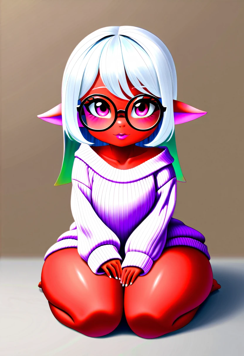 detailed illustration, (front view), (side view),dynamic angle, ultra-detailed, illustration, clean line art, shading, anime, detailed eyes, detailed face, beautiful face, dramatic lighting, detailed illustration, dynamic angle, ultra-detailed, illustration, (single woman: 1.8), masterpiece, masterwork, beautiful, (1 woman:1.8),
Succubus woman, young, timid, only wearing an oversized sweater, red skin, pinkish white hair, big round glasses, knitted ribbed sweater, sleeves too long, sweater goes down to knees, large chest, large thighs, short stack, massive hips, massive thighs, sitting on her knees, hands between her legs,