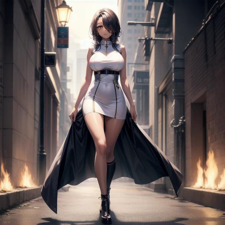 tight-fitting sleeveless,mini dress,large breasts, hair covering one eye,dark skin,stand,high quality,knee-high socks,slender legs,
