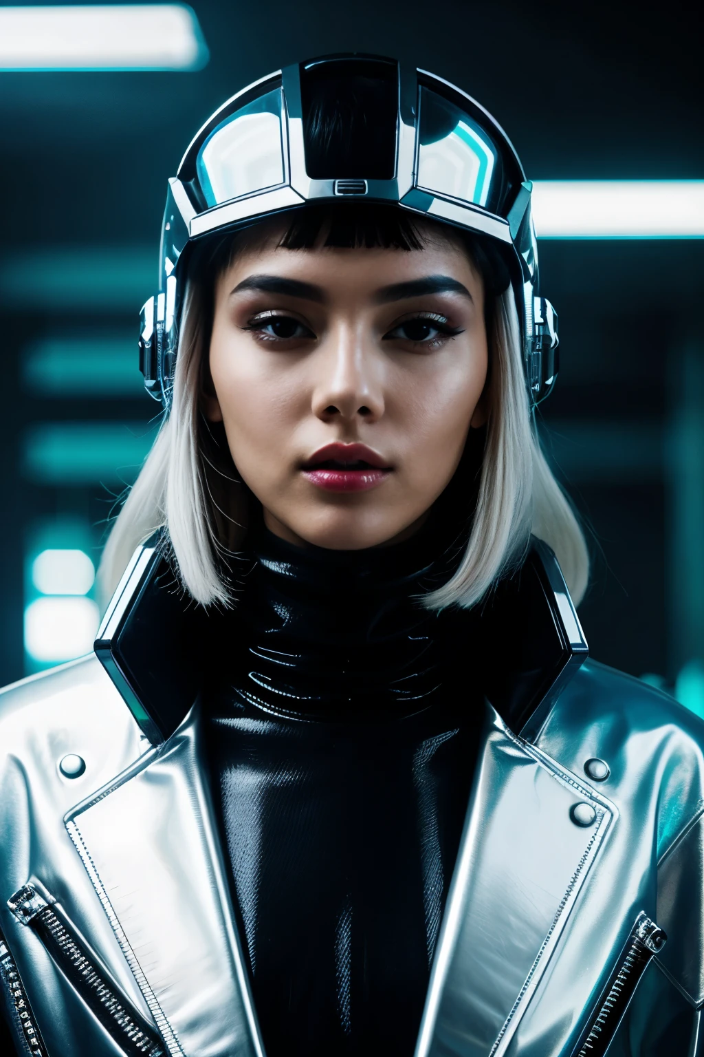 a close up of a woman wearing a shiny silver helmet and a shiny jacket, cyber aesthetic, cyberpunk vibes, futuristic aesthetic, futuristic style, holographic design, futuristic look, futuristic art style, wearing futuristic, cyber style, futuristic fashion, holographic, muted cyberpunk style, fashionable futuristic woman, aesthetic cyberpunk, style hybrid mix of beeple, iridescent # imaginativerealism