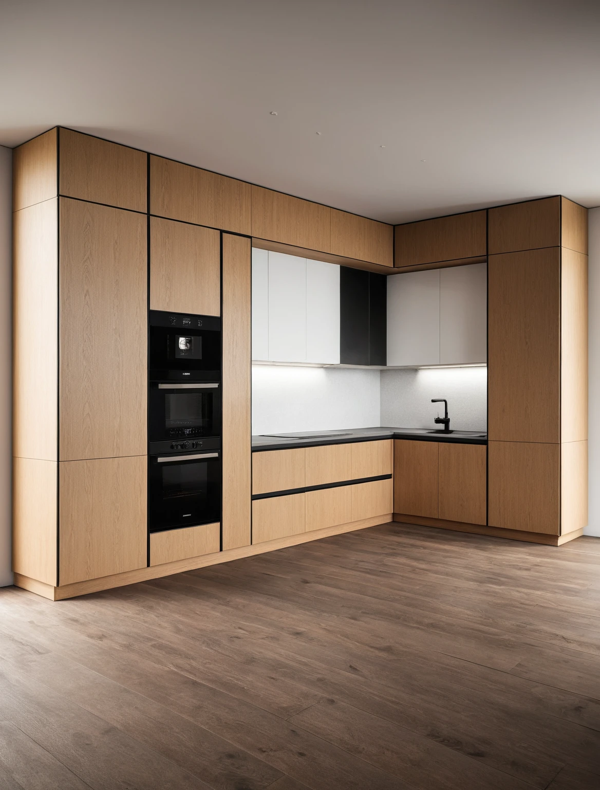 Raw photo,Masterpiece, high quality, best quality, authentic, super detail, interior , sunset, daylight, Kitchen Cabinets style modern, Induction cooker, sink, faucet, oven, built-in microwave, wooden floor, hood, wine cabinet, ((black and wooden tones))
