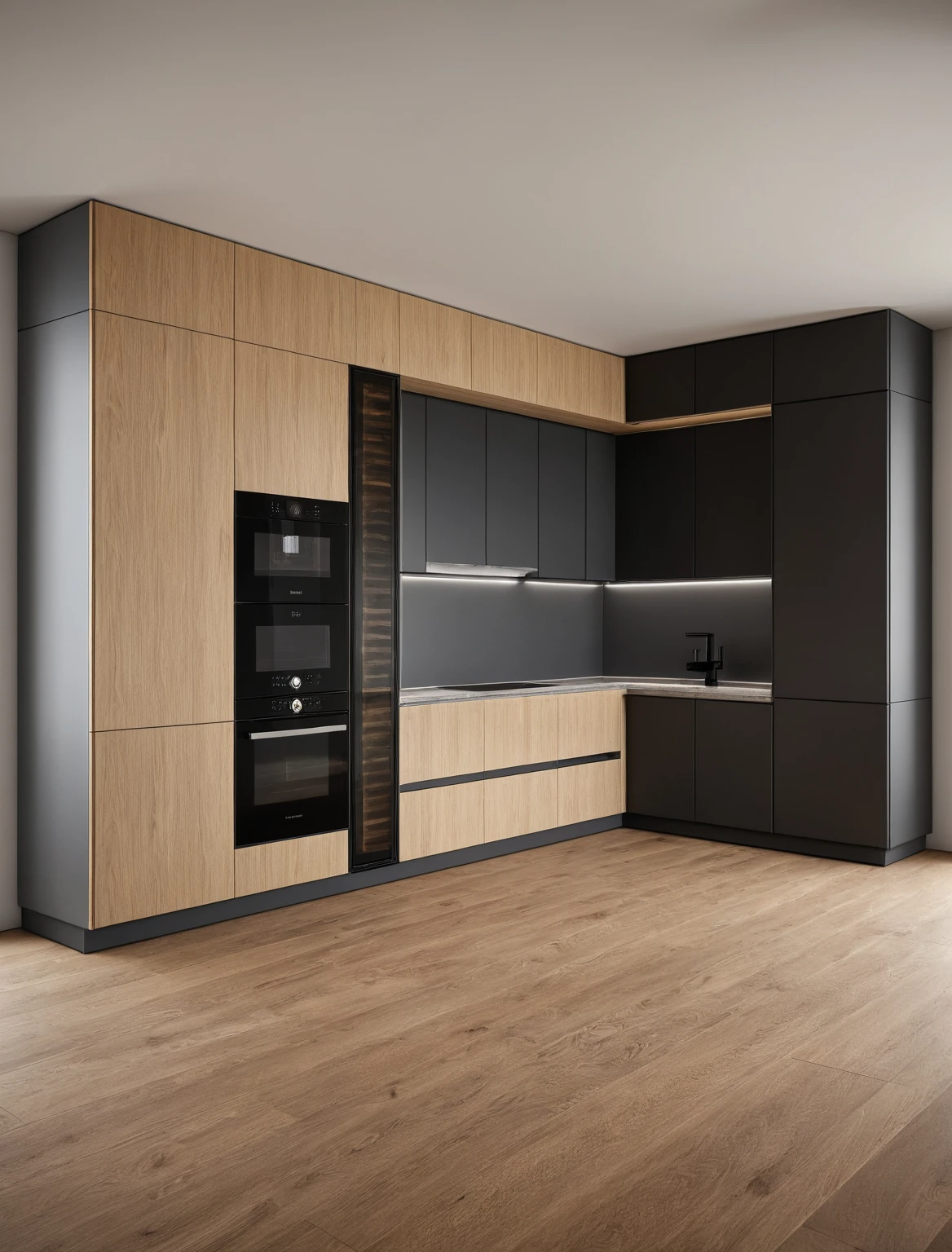Raw photo,Masterpiece, high quality, best quality, authentic, super detail, interior , sunset, daylight, Kitchen Cabinets style modern, Induction cooker, sink, faucet, oven, built-in microwave, wooden floor, hood, wine cabinet, ((black and wooden tones))