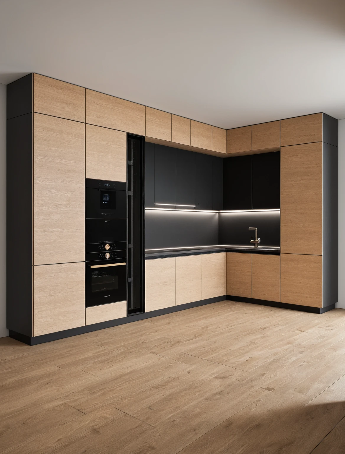 Raw photo,Masterpiece, high quality, best quality, authentic, super detail, interior , sunset, daylight, Kitchen Cabinets style modern, Induction cooker, sink, faucet, oven, built-in microwave, wooden floor, hood, wine cabinet, ((black and wooden tones))