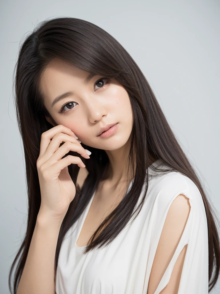 whiteroom, 1 girl, Japanese woman, look at the camera, 20yo, H cup, model's expression, silver ratio, cute, long black hair, portrait