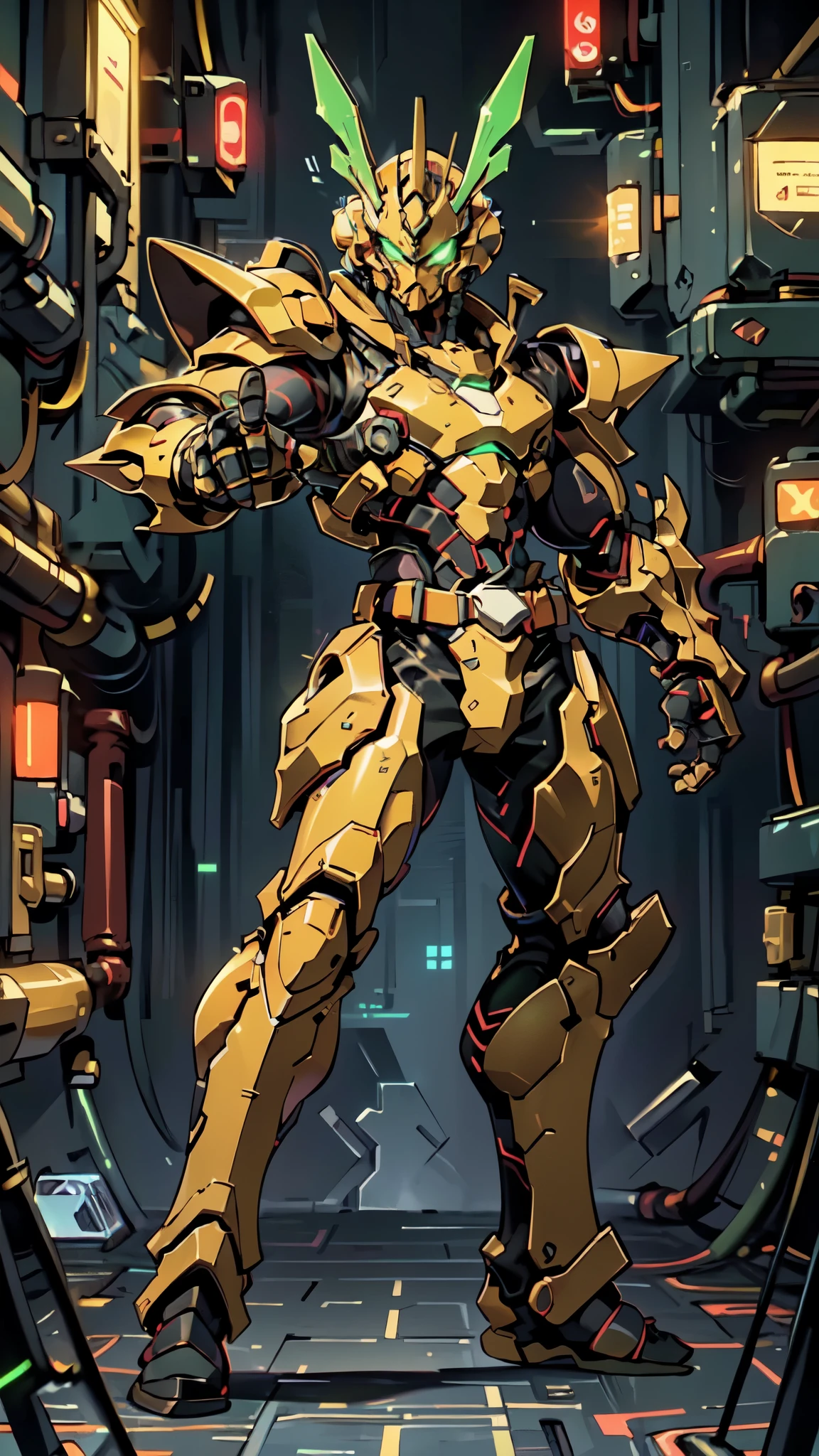 (masterpiece:1.5, best quality:1.5, extremely delicate:1.5, foreshortening:1.5, dynamic angle:1.5), a man wearing a full-face helmet, a fantasy-style biotech armored combat suit, green eyes, (a composite layered chest armor), fully enclosed shoulder guards, matching arm and leg guards, the belt is adorned with neon circuitry, (the color scheme is primarily black glow with green and red accents), the design balances heavy with agility, a high-tech bio-mecha armor, (Armor Concept Inspired by neon Cyberpunk, stand on the top of a skyscraper in a futuristic sci-fi city), this character embodies a finely crafted fantasy-surreal style armored hero in anime style, exquisite and mature manga art style, (element, plasma, energy, the armor glows), ((male:1.5)), metallic, high definition, highres, ultra-detailed, ultra-fine painting, professional, perfect body proportions, golden ratio, anatomically correct, symmetrical face, extremely detailed eyes and face, high quality eyes, creativity, RAW photo, UHD, 32k, Natural light, cinematic lighting, masterpiece-anatomy-perfect