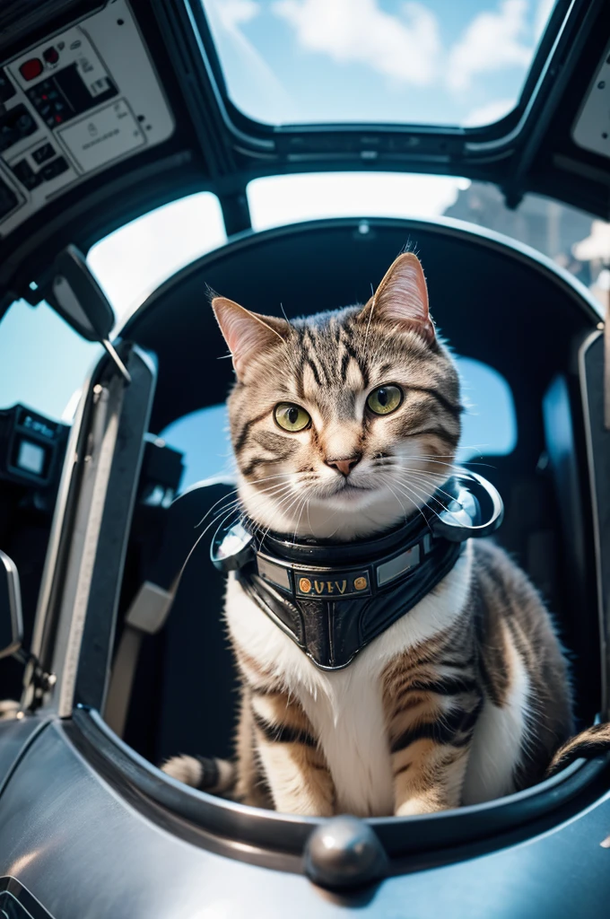 A photorealistic close-up of a tabby cat wearing an aviator outfit, including a flight helmet with goggles, sitting in the cockpit of an aircraft. The cat is looking ahead with determination, its whiskers visible. The cockpit instruments are partially visible in the foreground. The background shows a blue sky with wispy clouds. The lighting is warm and dramatic, emphasizing the cat's fur texture and the metallic elements of the outfit and cockpit. Highly detailed digital art with cinematic lighting and composition