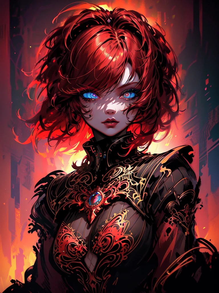 Red hair color,(masterpiece, best quality),(1 lady),(solo),(artstation),(dynamic),(charming),(magical),(unreal engine),(fantastically beautiful),(illustration),(dramatic lighting),(rave background),(neon glow),(maximalist),(extremely detailed eyes and face),(long eyelashes),(intricate details),(vibrant colors),(cinematic lighting),(fantasy portrait)