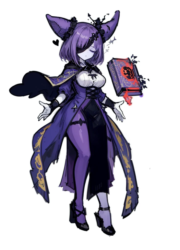 1girl, pale skin, black blindfold, purple hair, magic book, necromancer, nice clothes, (high resolution, high detail, best quality) sleeping