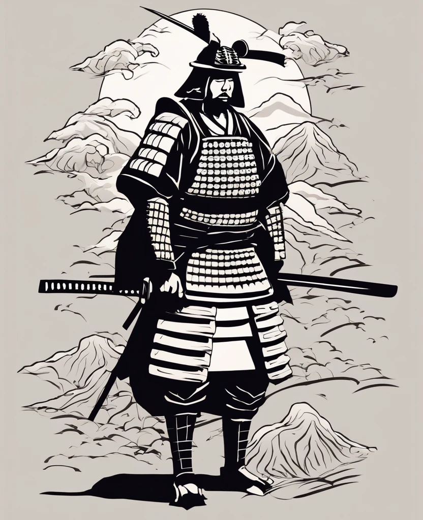 A samurai wearing traditional Japanese armor is depicted in a dynamic, simple, black and white paper-cut style.