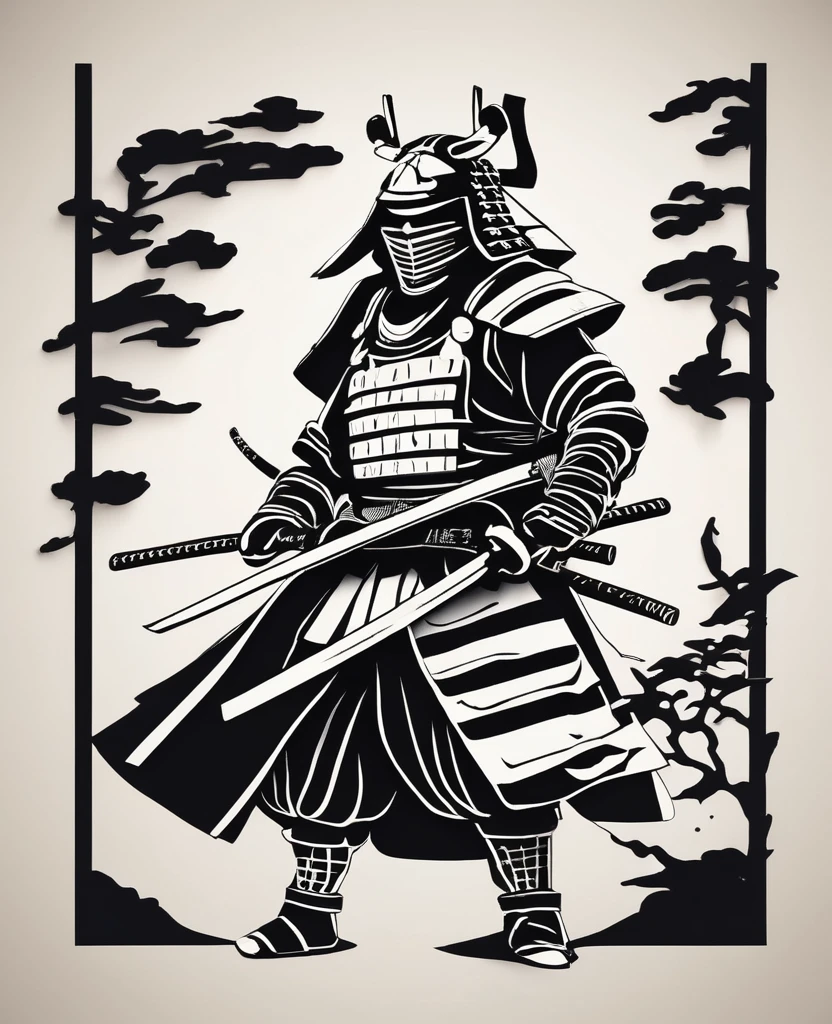 A samurai wearing traditional Japanese armor is depicted in a dynamic, simple, black and white paper-cut style.