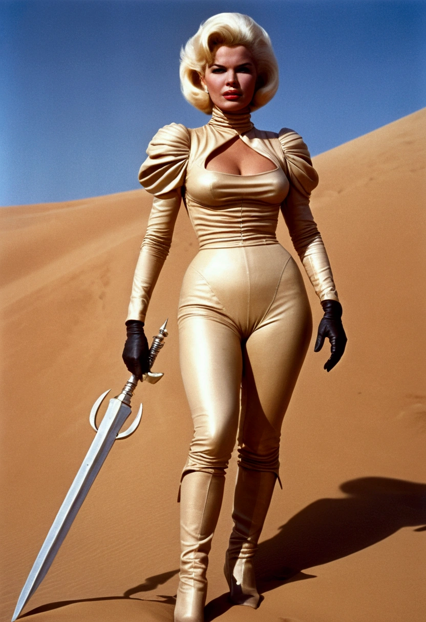 Jayne Mansfield (age 25, sci fi Dune skin suit, Dagger) standing atop a dune with a thumper nearby, 100s of tribal rebels watching her