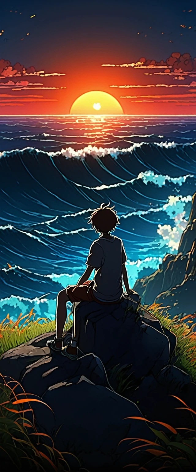 high quality, 8k ultra high definition. The image shows a boy sitting watching the anime The Scary Ocean at Sunrise from a grassy hill., with a background of vibrant blue sky and red and orange tones of the sun. anime art wallpaper 4k, anime art wallpaper 4k, animated background, 8K Animated Art Wallpaper, Artistic background of anime, anime landscape wallpaper, amazing wallpaper, Definición de fondo de pantalla de high quality,4k anime wallpaper,4k anime wallpaper,Aries Moross art,art by Bob Byerley,AshleyWoodArtAI,greg rutkowski