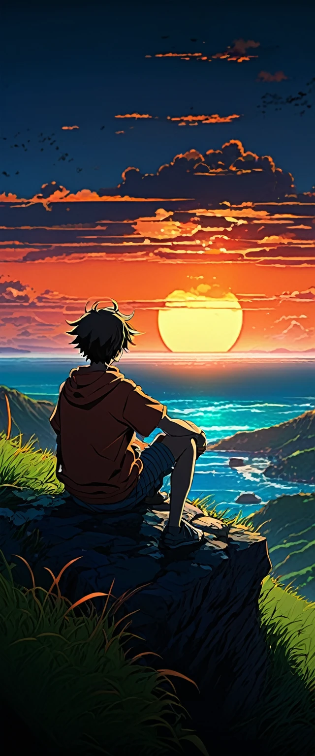 high quality, 8k ultra high definition. The image shows a boy sitting watching the anime The Scary Ocean at Sunrise from a grassy hill., with a background of vibrant blue sky and red and orange tones of the sun. anime art wallpaper 4k, anime art wallpaper 4k, animated background, 8K Animated Art Wallpaper, Artistic background of anime, anime landscape wallpaper, amazing wallpaper, Definición de fondo de pantalla de high quality,4k anime wallpaper,4k anime wallpaper,Aries Moross art,art by Bob Byerley,AshleyWoodArtAI,greg rutkowski