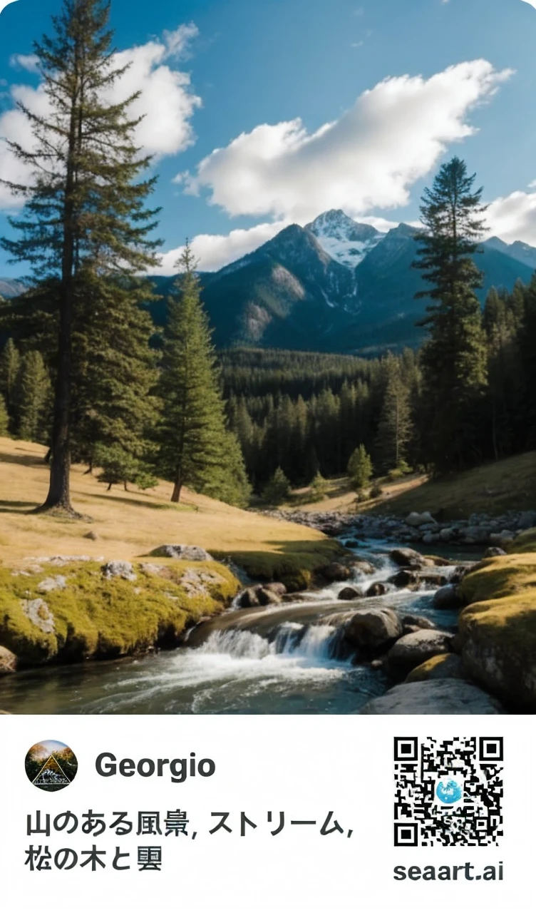 Landscape with mountains, stream, pine trees and clouds