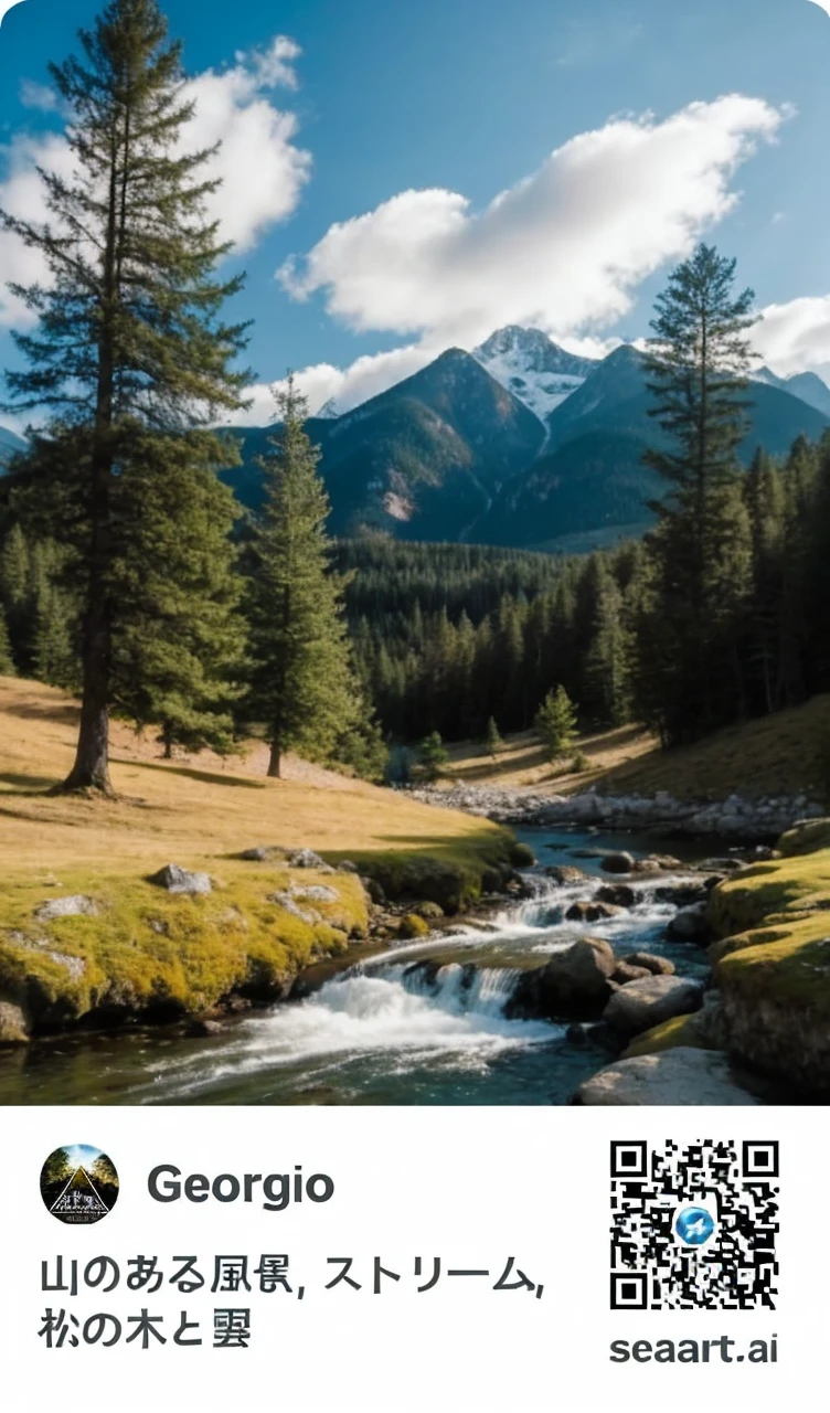 Landscape with mountains, stream, pine trees and clouds
