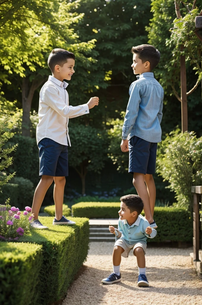 Two male children playing The two boys are I am short and happy in a beautiful garden