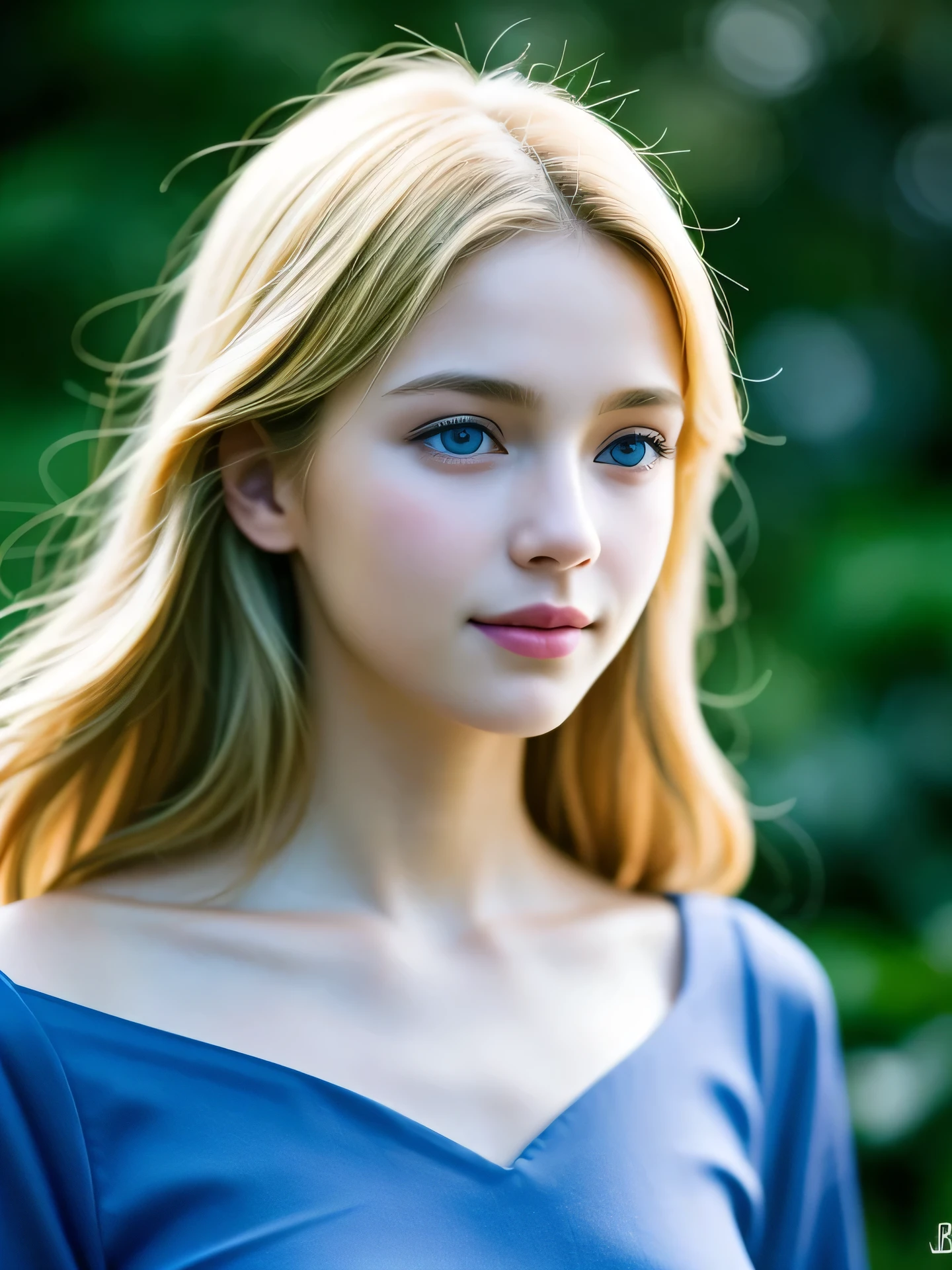 (Photo Real:1.4), (hyper realisitic:1.4), (Smooth lighting:1.05), 1 girl, ager, blue eyes, happy, shy, smile, (looking away:1.2), Close-up of the face, Soft lighting, Back lighting, (Finest Real Textured Skins), Super fine face, glowy skin, retinas, Anatomically correct, (Blonde Wavy medium hair:1.1), Textured skin, High quality, high details, Best Quality, High resolution, Silk blouse