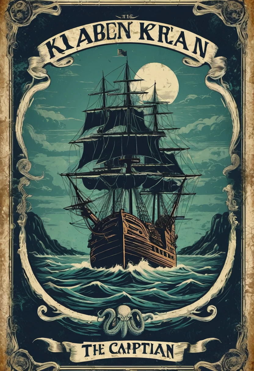 A poster cover,Medieval retro style,Nautical theme,The Kraken is a sea monster that was the captain of the Flying Dutchman,Has a terrifyingly large body,Countless tentacles,Can easily destroy a huge ship。,Dark background,Retro shabby atmosphere,Caribbean Type