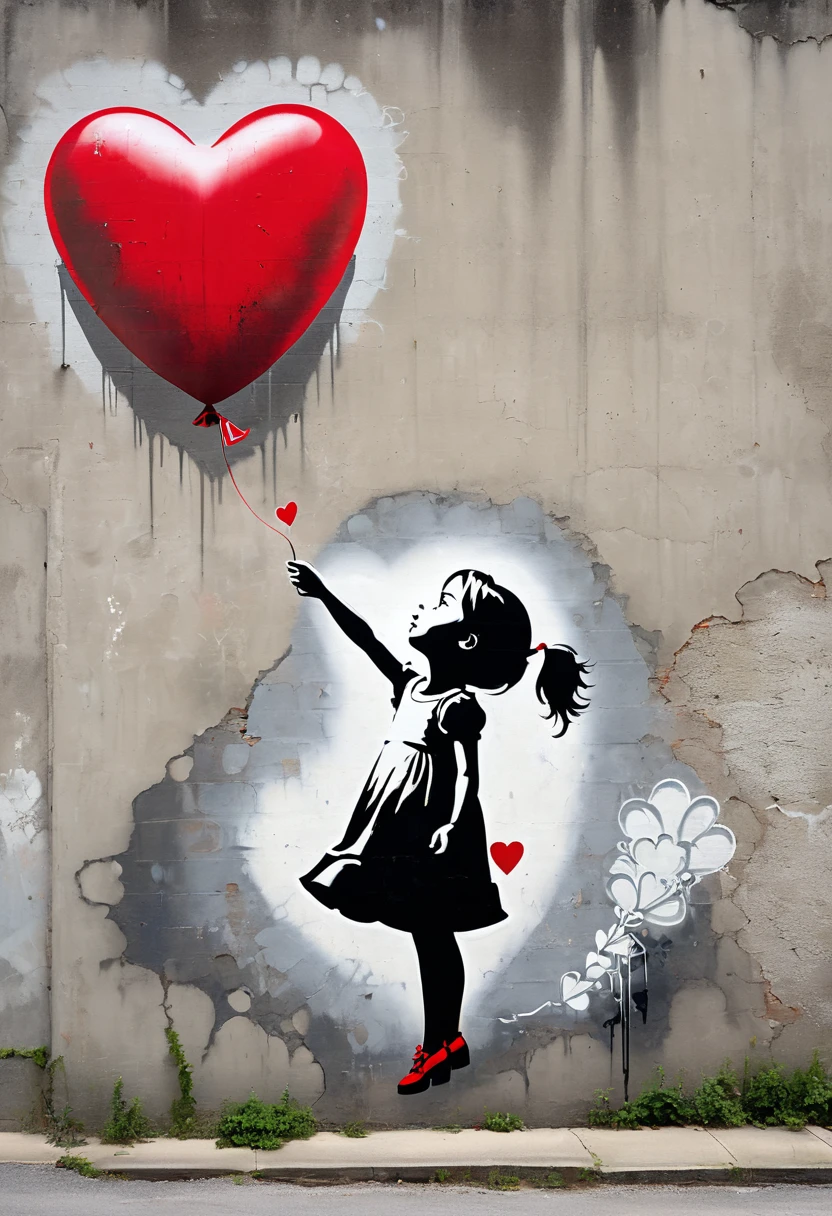 A graffiti-style image depicting a young girl in a dress reaching out for a red, heart-shaped balloon that is floating away. The background is a weathered concrete wall, and the overall tone is melancholic but hopeful, reminiscent of Banksy's iconic style.
