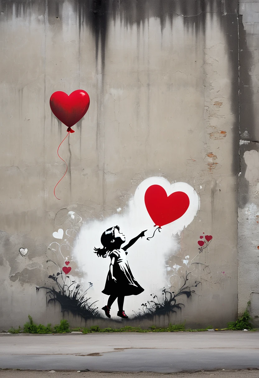 A graffiti-style image depicting a young girl in a dress reaching out for a red, heart-shaped balloon that is floating away. The background is a weathered concrete wall, and the overall tone is melancholic but hopeful, reminiscent of Banksy's iconic style.