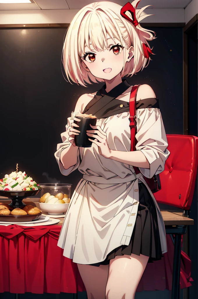 Chisato Nishikigi, short hair, bangs, Blonde, (Red eyes:1.5), hair ribbon, One side up, Bobcut,happy smile, smile, Open your mouth,One-shoulder shirt,mini skirt,black tights,short boots,There is food on the table,トレイ in one hand,Chair,Walking,whole bodyがイラストに入るように,
break indoors,School,canteen,
break looking at viewer, whole body,
break (masterpiece:1.2), Highest quality, High resolution, unity 8k wallpaper, (figure:0.8), (Beautiful attention to detail:1.6), Highly detailed face, Perfect lighting, Highly detailed CG, (Perfect hands, Perfect Anatomy),