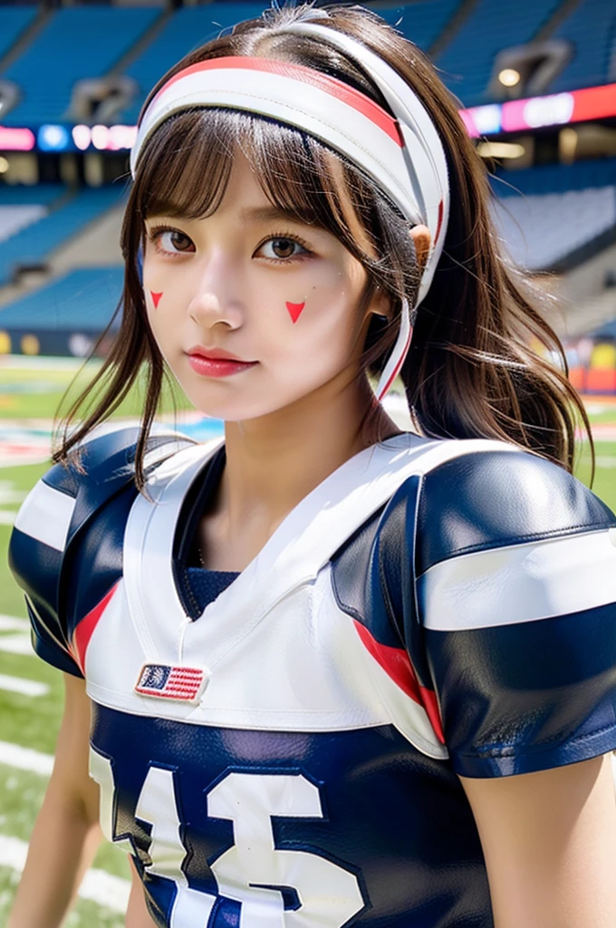 (masterpiece, ultra-detailed, ultra-realistic, best quality, clear focus, photorealistic), solo, 1 woman, (ultra-high resolution, 8k, 16k:1.3), (upper body:1.3), perfect anatomy, perfect face, (detailed face, detailed eye), (18 years old Japanese beautiful girl:1.3), professional American football player, a member of famous team, (wearing skin-tight colorful with cute American football uniform that all made of leather:1.3), very tight fitting leather, medium breasts, slim waist, very beautiful with very cute but cool boyish face, (Bad girl:1.1), cool girl atmosphere, makeup, (eyeliner:1.3), dynamic angle, dynamic pose, slender but muscular, very broad shoulders, running at American football stadium, shoulder focus