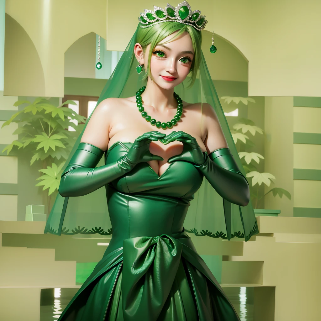 Emerald tiara, Green Pearl Necklace, ボーイッシュな非常に短いGreen Hair, Green Lips, Smiling Japanese woman, Very short hair, Busty beautiful lady, Green Eyes, Green satin long gloves, Green Eyes, Emerald Earrings, Green veil, Heart with both hands, Green Hair, Beautiful Japanese Woman, Heart shaped hands:1.3, green lip gloss