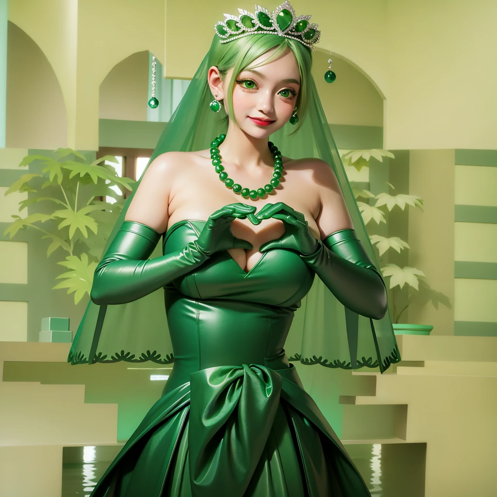 Emerald tiara, Green Pearl Necklace, ボーイッシュな非常に短いGreen Hair, Green Lips, Smiling Japanese woman, Very short hair, Busty beautiful lady, Green Eyes, Green satin long gloves, Green Eyes, Emerald Earrings, Green veil, Heart with both hands, Green Hair, Beautiful Japanese Woman, Heart shaped hands:1.3, green lip gloss