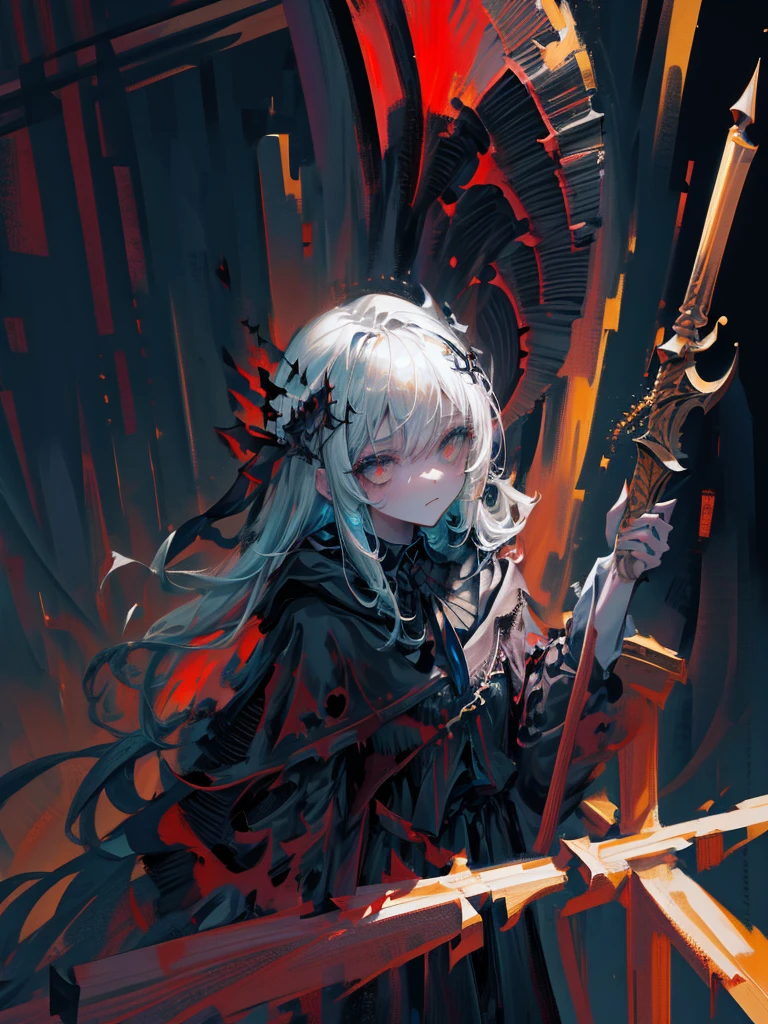 (a girl with) Aura-like gothic lighting, realistic Gothic-style artwork, detailed skeleton impaling itself with a sword in the neck, dark atmospheric background, high-res masterpiece:1.2, ultra-fine painting, professional, vivid colors