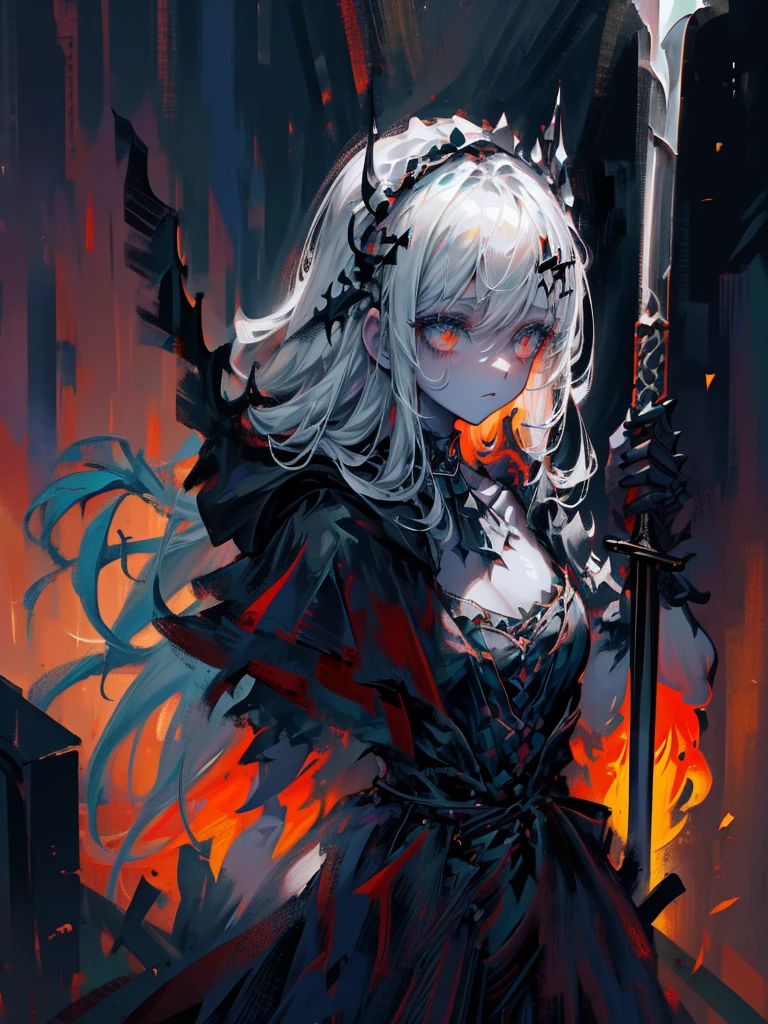 (a girl with) Aura-like gothic lighting, realistic Gothic-style artwork, detailed skeleton impaling itself with a sword in the neck, dark atmospheric background, high-res masterpiece:1.2, ultra-fine painting, professional, vivid colors