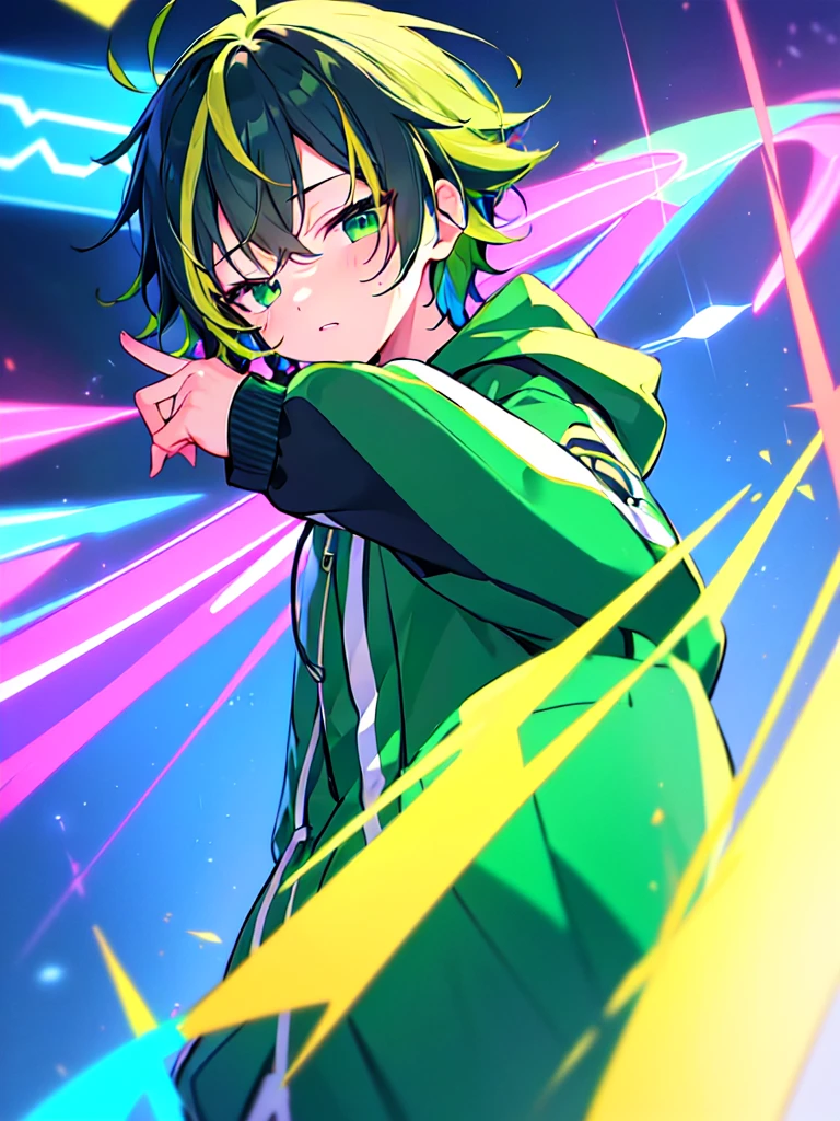 [(CITY POP BACKGROUND:1.5),::5], ((((masterpiece)))), high quality, ultra very high resolution, full color, (((solo))), ((little boy)), Purple hair, ((Green streaked hair)), (Green eyes), anime, ((upper body)), neon light, black parka, 