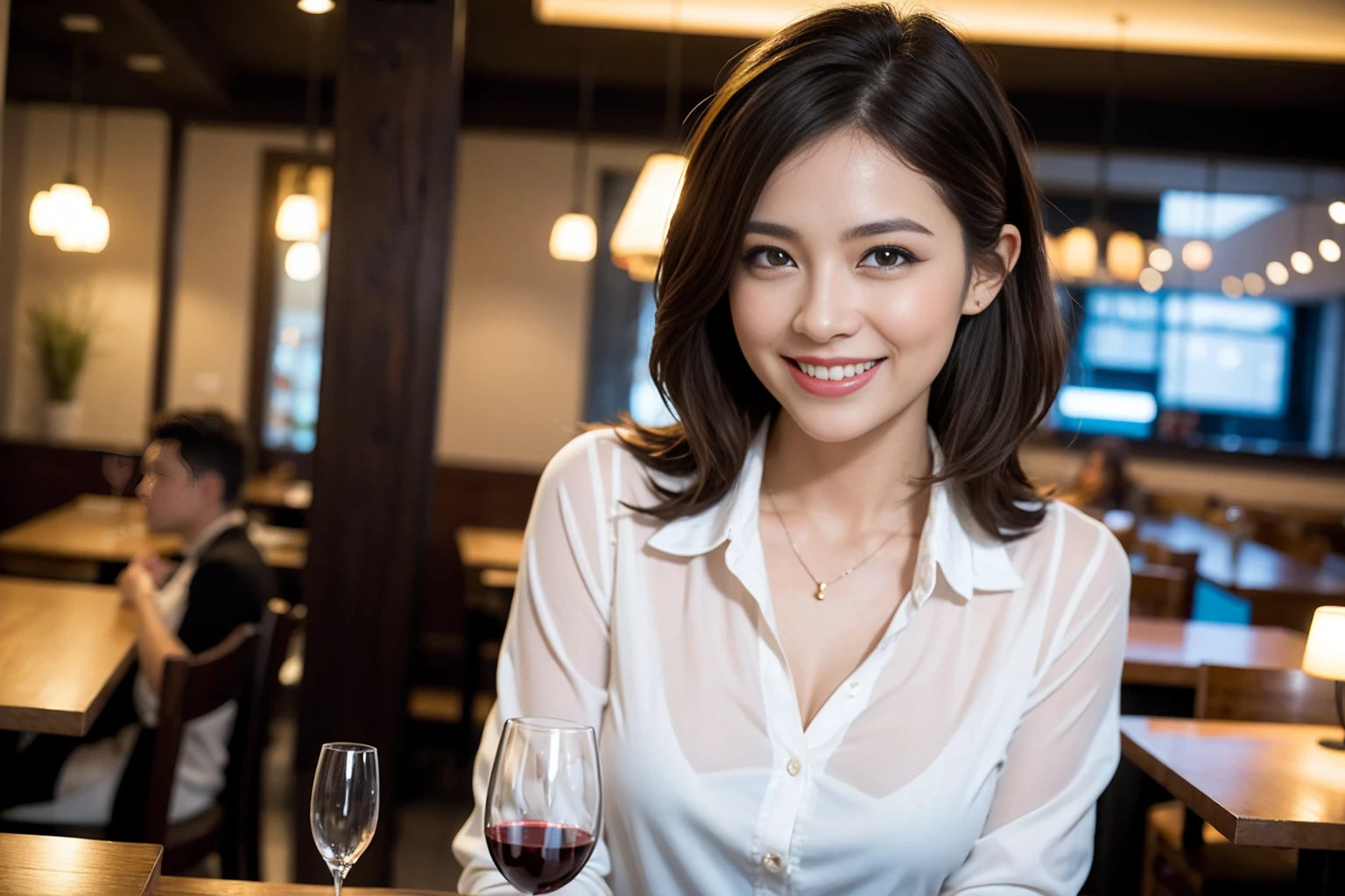 ((Highest quality、8K、masterpiece:1.3))、cute、slimカップル、modelカップル、actress男優、(Realistic, Intricate details:1.2), full-course dinner、Wine Party、Amazing view of the sunset sky and clouds、A bright smile、short hair,Bright Face、 (Age 37), Age 39,red wine 、Appetizers、Italian food、Wine bottle、Champagne、sparkling wine、Two beauties、Brown Hair、Shortcuts、Long sleeve shirt、dress、Beautiful woman 1, (slimな顔), (The body is slim), (Brown Hair), (Shortcuts), cheeks turn a little red,Attractive beauty、restaurant, In a prominent place (From the waist up) Nova Frog Style, actress, model, Upper Body, White wine, slim, wine glass, 中央に置かれたwine glass, smile, (smile: 1.15), Beautiful fine grain, Depth f/2,saturation, High Contrast, Strong light and shadow,Moist Body:1.5、3D texture、Delicate eyes、Brown Hair、The hair is very shiny、